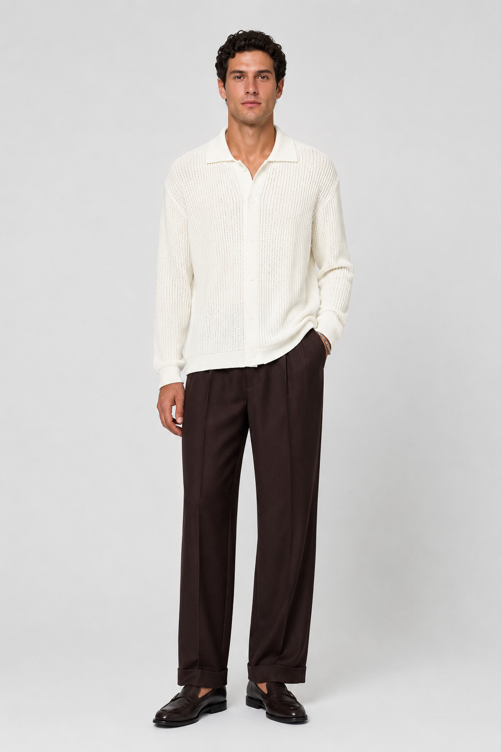 Boucle Polo Cardigan Strick Weiß