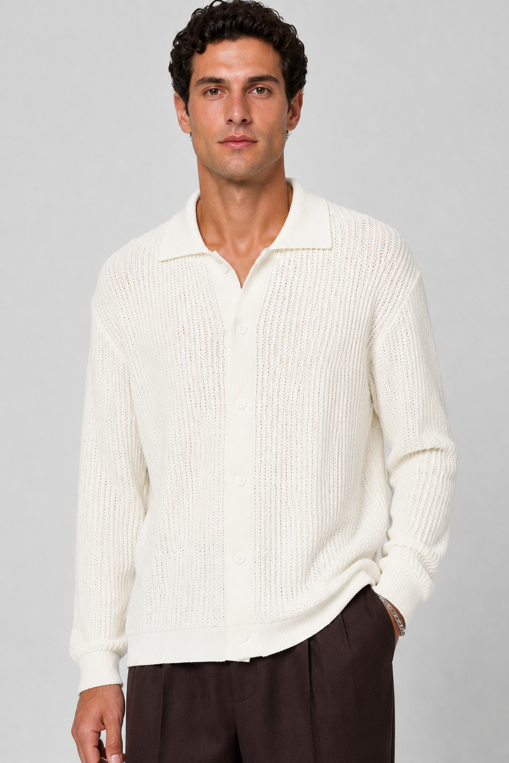 Boucle Polo Cardigan Strick Weiß