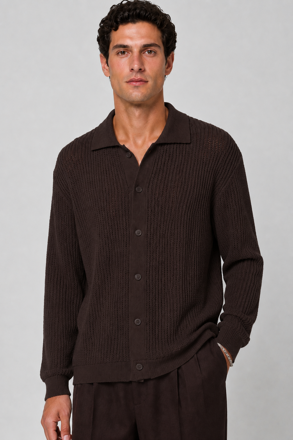 Boucle Polo Cardigan Strick Espresso Braun