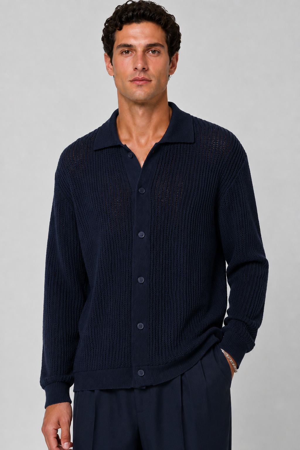 Boucle Polo Cardigan Strick Navy