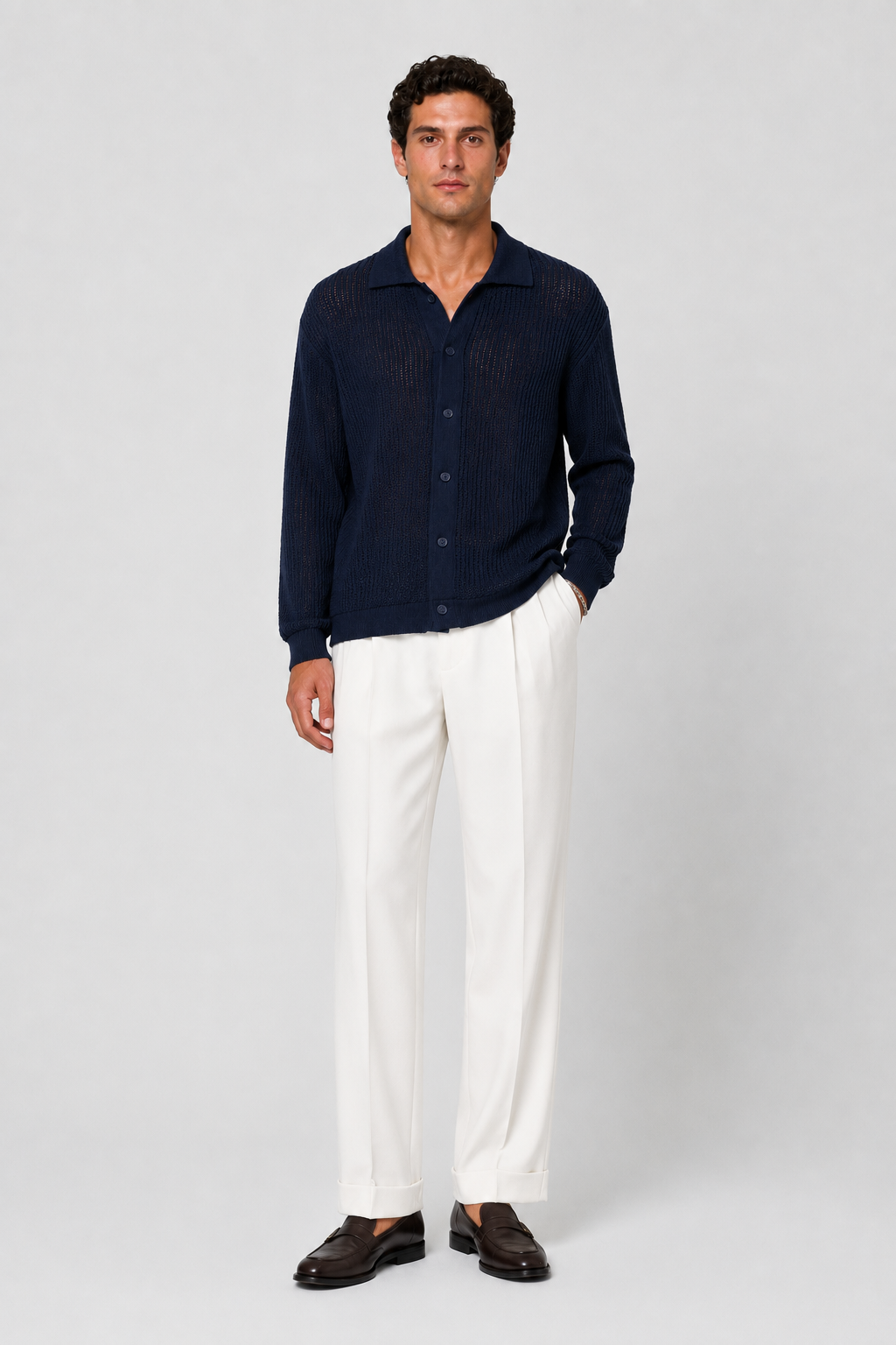 Boucle Polo Cardigan Strick Navy