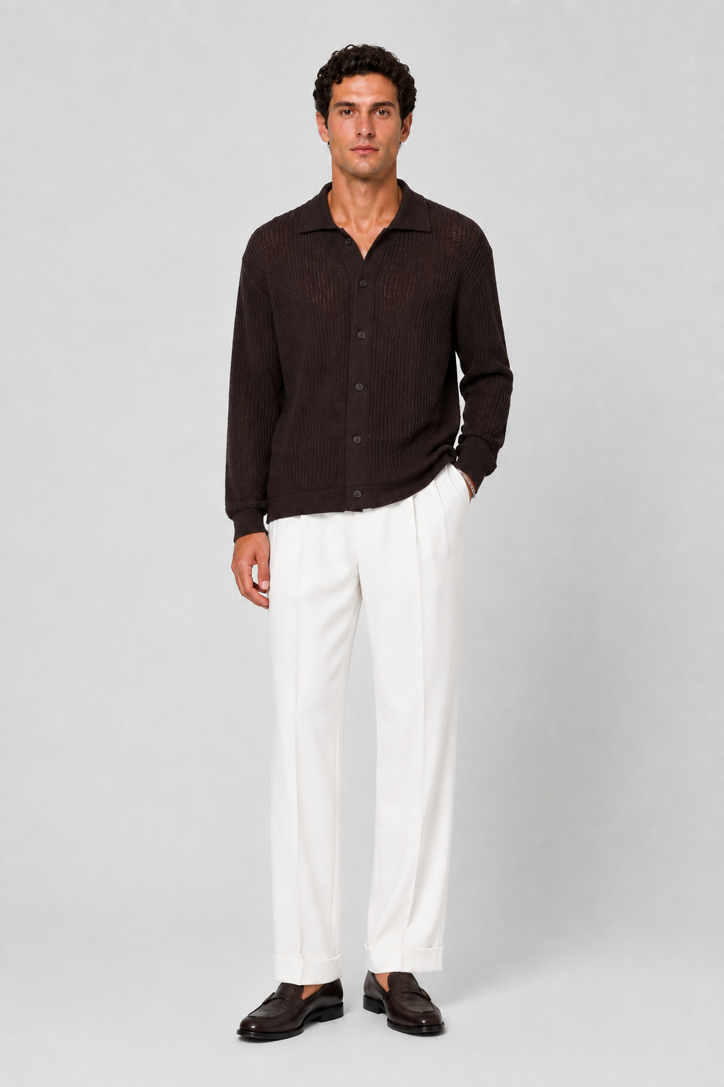 Boucle Polo Cardigan Strick Espresso Braun