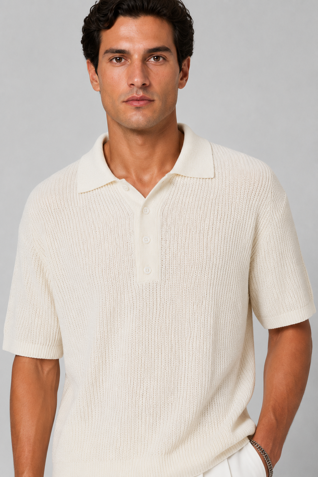 Boucle Polo T-Shirt Strick Weiß