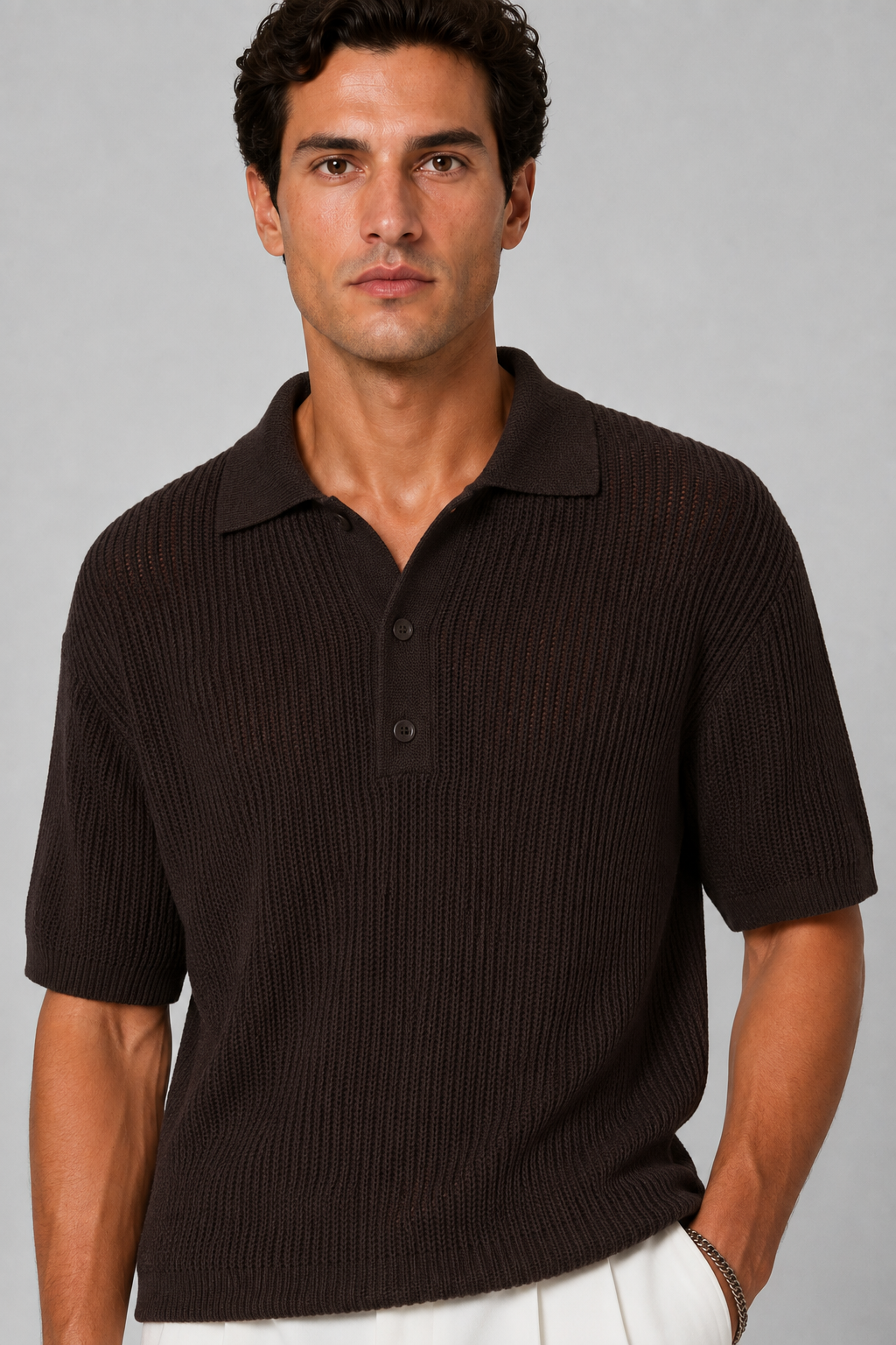 Boucle Polo T-Shirt Strick Espresso Braun