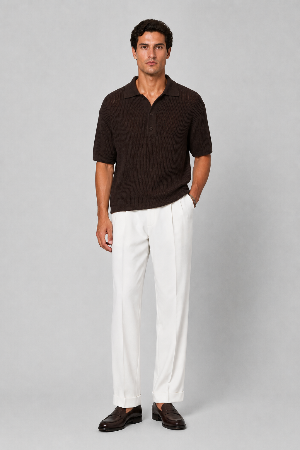 Boucle Polo T-Shirt Strick Espresso Braun