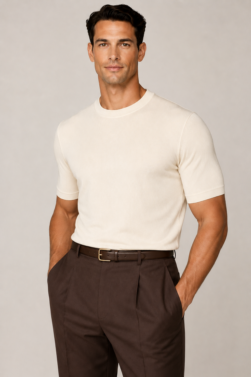 Rayon High End Strick Anzug T-shirt Creme Beige