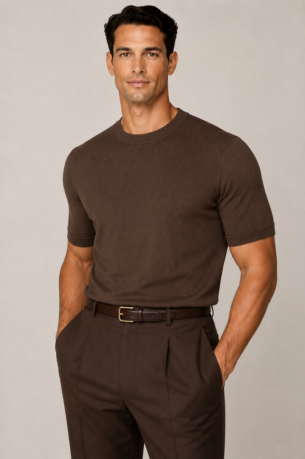 Rayon High End Strick Anzug T-shirt Dunkelbraun