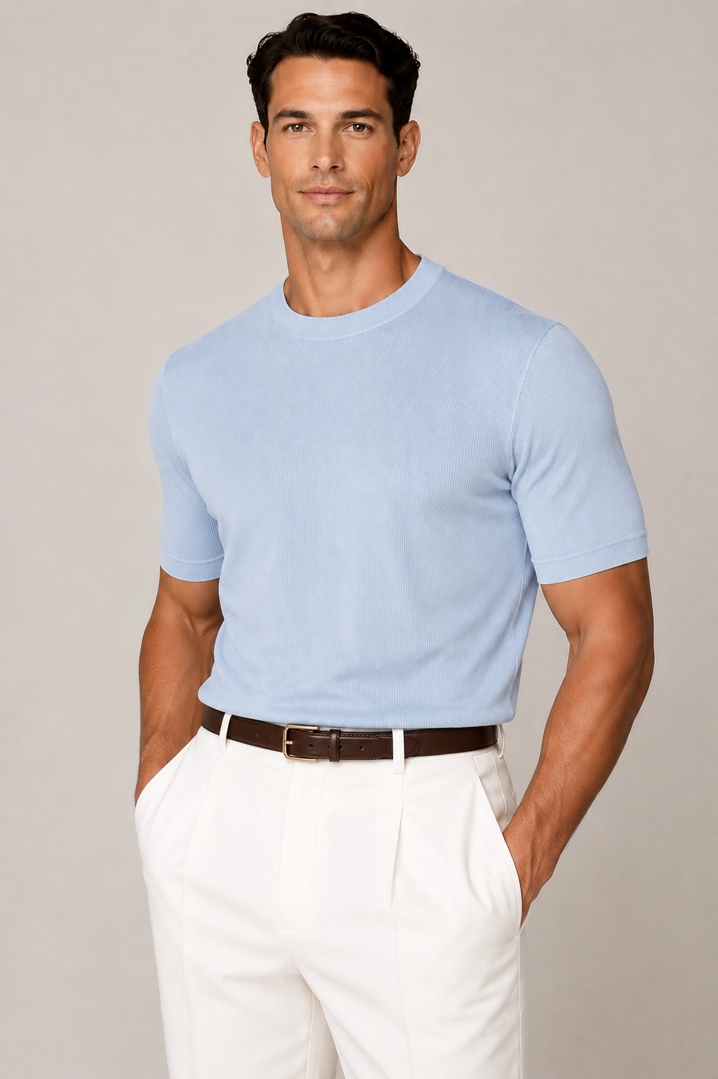 Rayon High End Strick Anzug T-shirt Hellblau