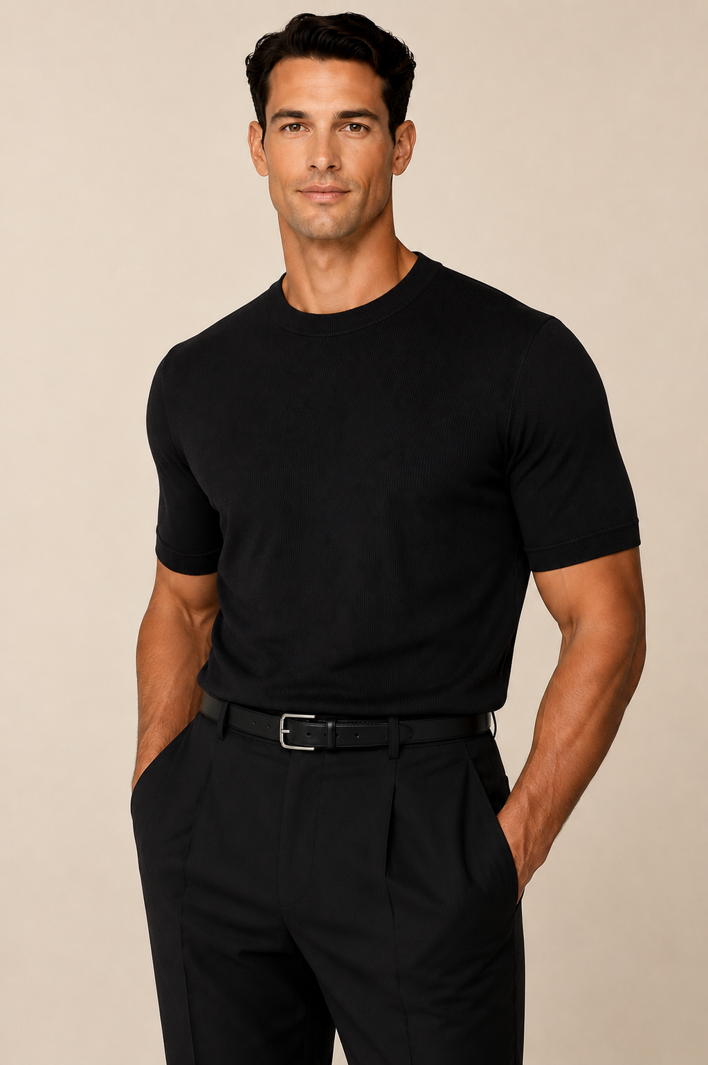 Rayon High End Strick Anzug T-shirt Schwarz