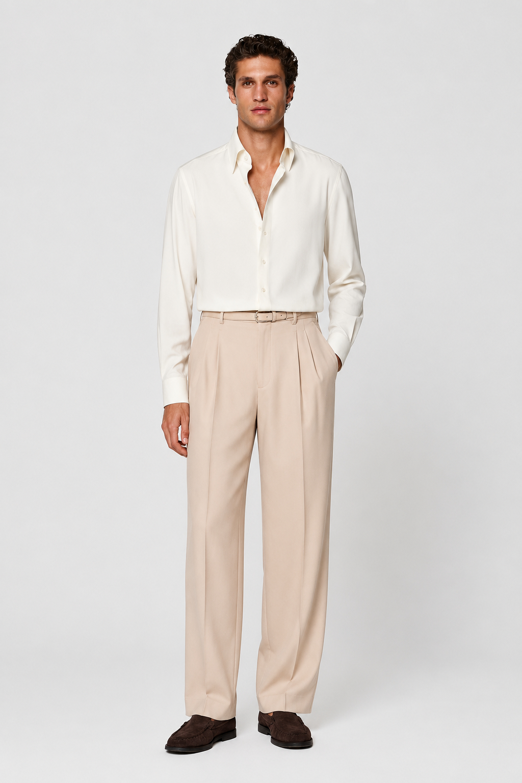 Doppel Bundfalten Hose Beige Comfort Fit